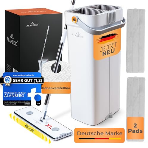 XL Wischmopp Set mit Eimer, 2-Kammer System, 143 -181 cm Teleskopstiel, 40 cm Flachwischer Bodenwischer, Selbst-Auswringend mit Tierhaarentferner und 2 Mikrofaserpads, Weiß – ALANBERG®