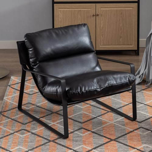 chairus Butaca de Salón de Cuero PU Sillón Acolchado de Alta Elasticidad, Sillón de Salón de Estilo Industrial con Estructura Metálica para Dormitorio/Sala de Estar, Negro