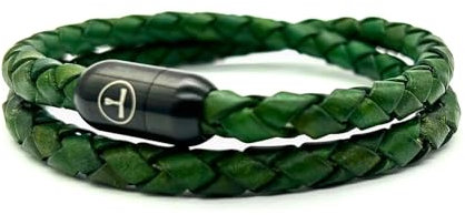 Premium Lederarmband, Wickelarmband, Echtleder, starker Magnetverschluss, geflochtenes Herren- und Damenarmband inkl. Schmuckbeutel, handgefertigt in Deutschland (Double Green Vintage, 20.5)