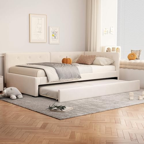YCYDHDM Cama de día 90 x 200 cm con respaldo y cama nido nido nido tapizada con somier de láminas para salón y dormitorio, lino, sin colchón, beige