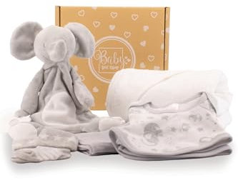 Baby Box Shop - 6 essentiels pour bébé nouveau-né unisexe, cadeaux de fête prénatale, doudou IBaby, serviette à capuche grise, tissu en mousseline, body, bavoir et chaussettes