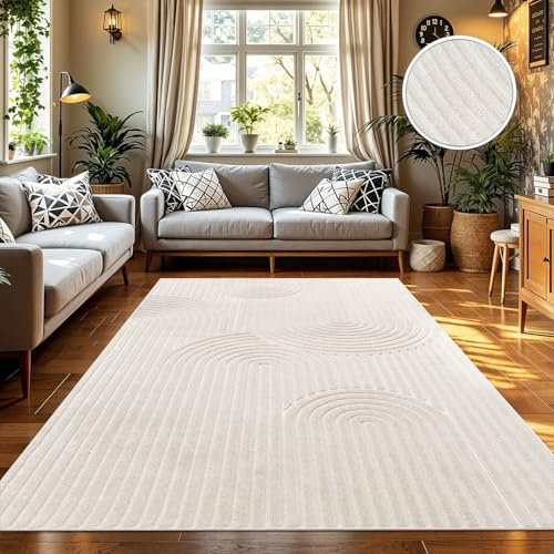 TT Home In-& Outdoorteppich Wetterfest Balkon Schlafzimmer Boho Skandi Motiv Unifarben Geometrische Optik Moderner Style, Größe:160x220 cm, Farbe:Creme 5
