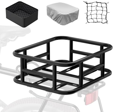 Fahrradkorb Hinten mit Gepäcknetz und Liner - Elektrischer Hinterradkorb für E-Bike - Gepäckträger mit Wasserdichter Abdeckung und Cargo Net
