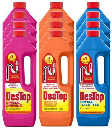 DESTOP Pack Gel Déboucheur Cheveux x4 + Gel Déboucheur Cuisine x4 + Gel Déboucheur Toilettes x4