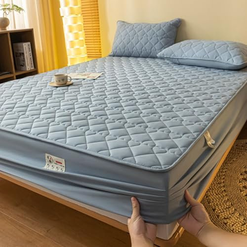 KnSam Betttuch mit 2er Kissenbezüge 120x200cm Set 3tlg Jersey, Herz Muster Bettlaken Unterlage Einfarbig Blau Grau Matratzenschutz, Polyester Baumwolle Laken für Bett für Boxspringbett