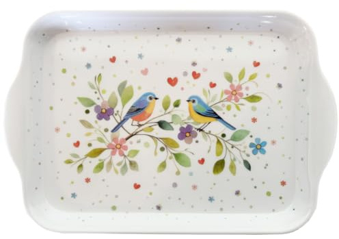 Mini vassoio per piante e animali, motivo coppia di uccelli felice, melamina di qualità, dimensioni mini 14 x 21 cm