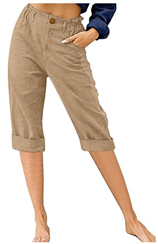 GRECERELLE Pantalones Capri de 7/8 de Mezcla de Lino de Verano de Color Sólido para Mujer - Diseño Cómodo, Elástico y Versátil, caqui, S