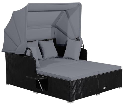 COSTWAY Sonnenliege Rattan für 2 Personen, Gartenliege mit Dach, Auflage, Kissen & ausklappbaren Seitentischen, Sonneninsel, Doppelliege, Sonnenbett, Loungebett für Garten, Terrasse (Grau)