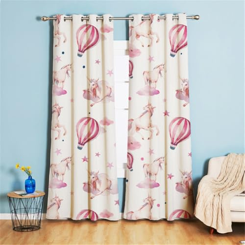 Koudi Tende unicorno rosa per bambine con motivo a stelle, occhielli, gardine con tenda oscurante opaca mongolfiera blackout curtain cameretta bambini camera da letto oscurante finestre, 2 pezzi, 160