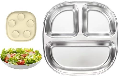 Générique Assiettes pour Tout-Petits - Assiettes Anti-Glisse pour Tout-Petits avec Séparateurs - Vaisselle Réutilisable Antidérapante avec Ventouse - Bol en Acier Inoxydable pour et Adultes