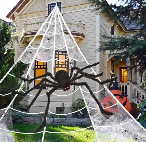 HKC Decoración de Halloween, 700cm x 550cm Telaraña Gigante, 150cm Halloween Araña, con 20 Mini Arañas 40g Algodón, Decoración Aterradora para Tema de Halloween Fiesta Interiores, Exteriores, Jardines
