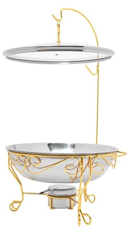 Supporto rotondo Chafing Dish, in acciaio inox, 6 l, con contenitore del carburante, coperchio, contenitore rimovibile per buffet, feste, oro