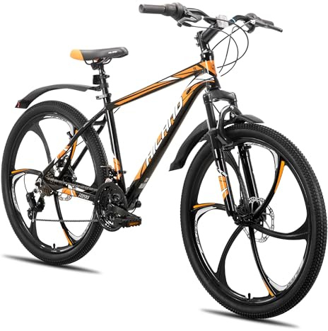 HILAND Mountain Bike 26”, Ruote a 6 Raggi, 18 Velocità, MTB per Adulti Uomo e Donna, Telaio in Alluminio, Freni a Disco Doppi, Bicicletta da Montagna, Arancione