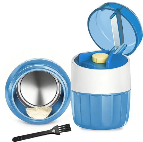 Tablettenmörser 3-in-1 – Tablettenteiler (Pillenteiler) & Tablettenschneider,Tablettenzerkleinerer mit Stößel, Edelstahl-Mahlkopf, BPA-frei, kompakt, mit Tablettenfach und Reinigungsbürste