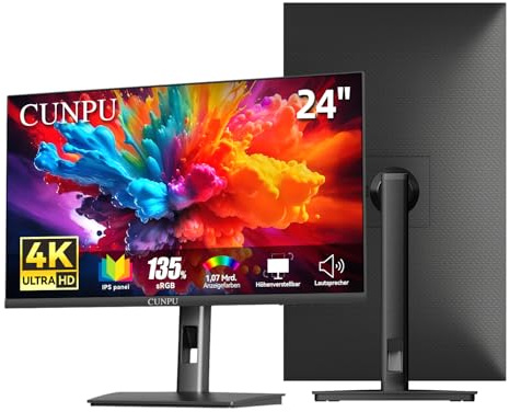 CUNPU 24 Zoll 4K Monitor, Höhenverstellbar, mit 2 Lautsprecher, SRGB 135%, AdobeRGB DCI-P3 100%, IPS Panel, UHD (3840 x 2160), 1,07 Mrd.+ Farben, Sync, 2*DP/2*HDMI, Flacher Bildschirm, Schwarz