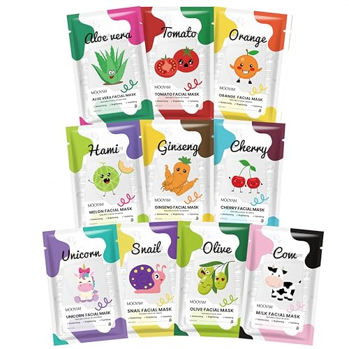 10PCS Gesichtsmasken Set - Gesichtsmaske Kinder & Frauen - Tuchmasken Gesicht mit natürlichen Extrakten - Face Mask Nährend & Aufhellend - Masken Beauty & Spa Set - Teenager Mädchen Geschenke