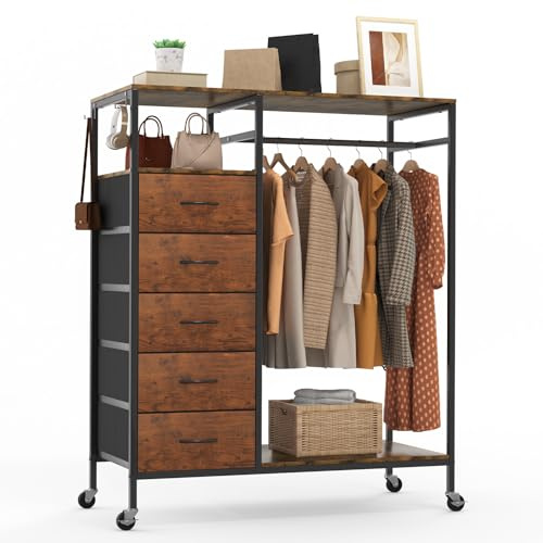 HOKEEPER All-in-One Rolling Coat Rack with 5 Drawers, Mobile Closet Organizer on Wheels, Clothes Rail & Open Shelves for Bedroom, Laundry Room - Wood Grain