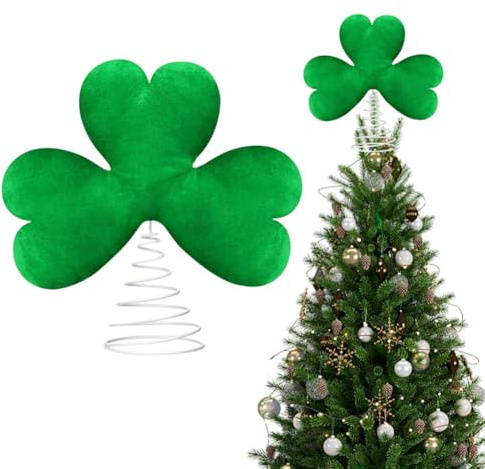 JOYWU St Patrick's Day Irish Shamrock Tree Topper,28 x 30cm Plush Lucky Clover Tree Topper with Metal Base,St Patricks Day Ornaments for Trees,Table,Mantels and Windowsill,Green Tree Top Decoration