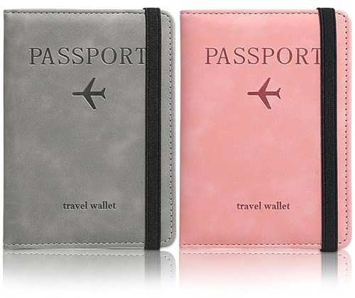Eulihent 2 Piezas Funda Pasaporte Cuero de PU Porta Pasaporte con Bloqueo RFID Portadocumentos Viaje Protección Cartera Funda para Tarjeta de Crédito Organizador de Documentos de Viaje (Gris, Rosa)