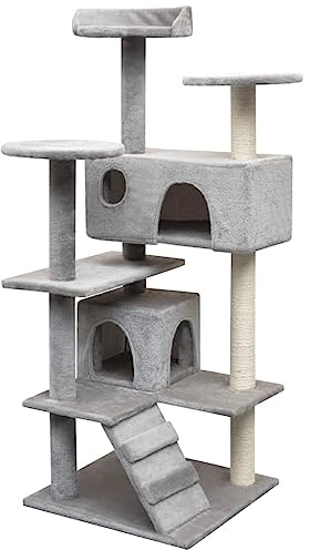 LoogCape Arbre à chat en sisal 125 cm gris avec cadre en bois robuste, plusieurs plateformes, grottes, hamac, colonnes à gratter et jouets pour s'amuser et se détendre dans l'appartement