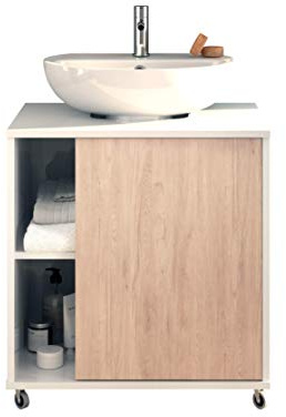 MUEBLES PITARCH | Mueble Bajo Lavabo Armario de Baño 60cm Ancho, con Ruedas, 1 Puerta a Izquierda o Derecha, Blanco y Roble Aurora, Modelo Sintra