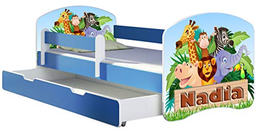 ACMA Letto per Bambino Cameretta per Bambino con Materasso Cassetto Rete a doghe II BLU (02 Il nome Animaletti,160x80 + Cassetto)