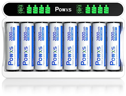 POWXS Batterie Ladegerät mit AA Akku 2800mAh 8 Stück, 8-Ladeplatz Akku Ladegerät mit LCD Anzeige, 8 Wiederaufladbare Akku AA, Schnell Akkuladegerät für NI-MH NI-CD AA/AAA Akkus USB & Typ-C Eingang