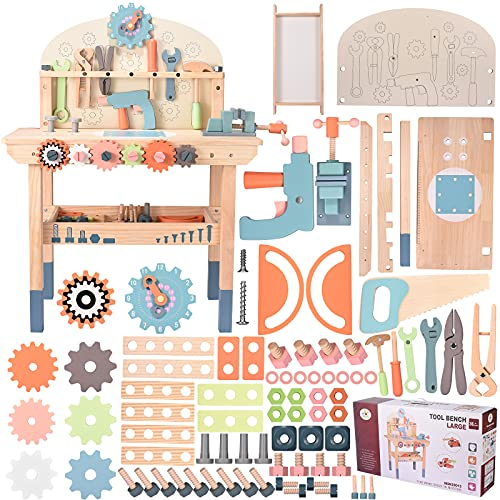 KKTECT Kinderwerkbank aus Holz Geschenke, 60x30x80CM Spielwerkzeuge Werkzeugbank aus Holz Multifunktions Simulationswartung Werkzeugtabelle zur Demontage von Schrauben und Muttern für 3+ Jahre alt