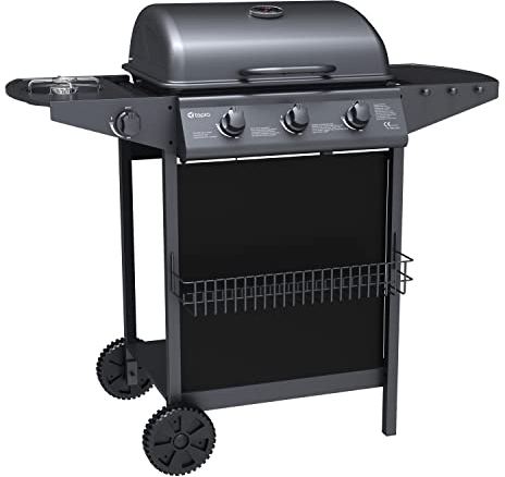 Tepro 3 Burner Gas BBQ Grill - 50 x 37cm | Outdoor Electric Push Ignition Burner Barbecue with Lid, Gas Hose & Regulator | Compact & Easy Set Up with Thermometer & Accessories | Home Garden Cooking