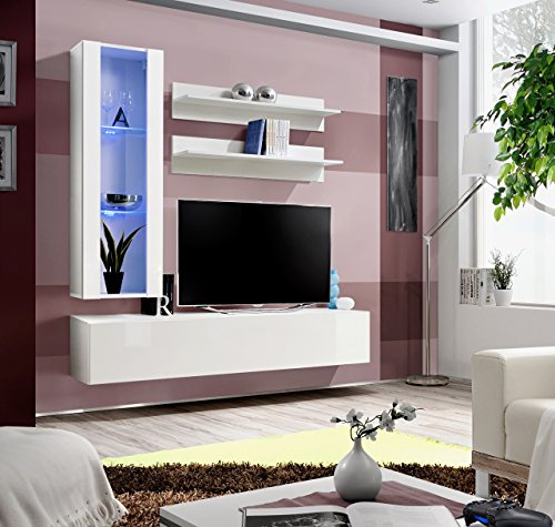 ARREDO DA CASA Parete Attrezzata Soggiorno Sospesa Dotata di 2 Mensole Mobile TV e 1 Vetrina con Luci LED Soggiorno Moderno Disponibile in 4 Combinazioni PAP100 (Bianco)