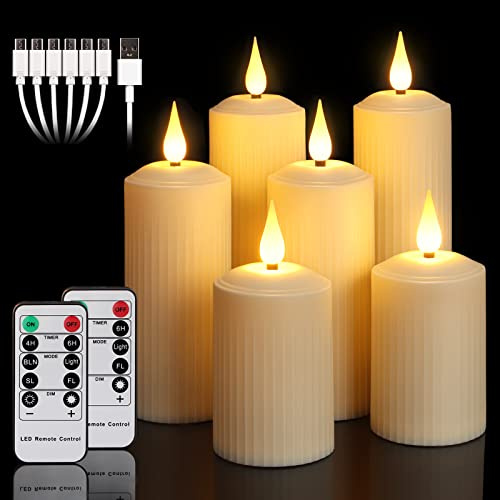 yunsheng Velas LED recargables con mando a distancia de 10 teclas, impermeables para exteriores, sin llama, con temporizador de 6/8 horas, velas romanas en juego de 6 (5 x 10,5/14/16,5 cm), color
