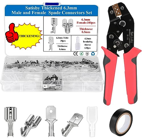 Satisby Crimpzange Flachsteckhülsen-250PCS verdickte 6.3mm Flachsteckhülsen Set mit Zange-Messingverzinnung 6.3mm Flachstecker mit Crimpzange kabelschuhe unisoliert, Flachsteckhülsen 6.3mm