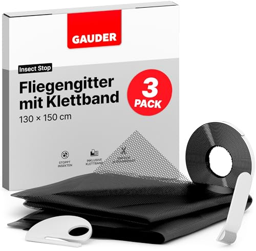 GAUDER Fliegengitter für Fenster - Insektenschutz ohne Bohren - Fliegengitter mit Klettband - Fliegennetz aus Polyester - Mückennetz & Moskitonetz für Fenster (3 Stück - 130 x 150 cm - schwarz)