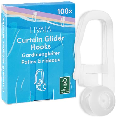 LIVAIA Gardinenröllchen: Gardinengleiter für Innenlauf-Gardinenschiene – 8 mm Gleiter für Vorhänge – 100x Gardinenhaken für Schienen – WASCHFEST und STRAPAZIERFHÄHIG – Gardinenröllchen für Schiene