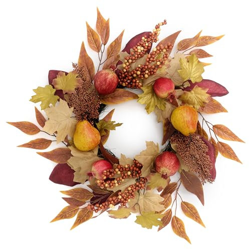 VALERY MADELYN 45cm Herbstdeko Türkranz,Herbstkranz mit Künstliche Früchte Birnen,Granatapfel,Ahornblatt für Haustür,Deko Tisch Wand Fenster Party,Geschenk für Fall Decor Thanksgiving Halloween