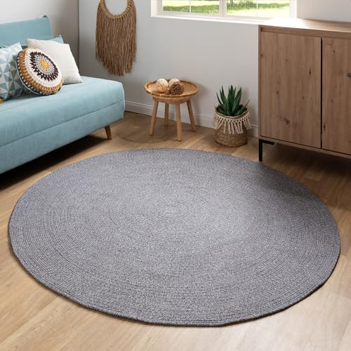 Steffensmeier Handweb Teppich Bali | 100% Baumwolle, Grau meliert, handgefertigt, Größe: Ø 120 cm | Flur, Eingangsbereich, Wohnzimmer