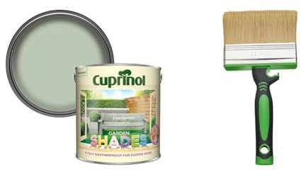 Cuprinol 5232385 CUPGSFR25L 2.5 Litre Garden Shades Paint - Fresh Rosemary & Fit for The Job 4 inch Large Capacity Shed and Fence Block Brush for Rapid Painting