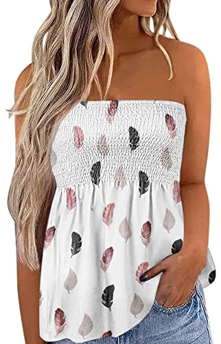 Womens Strapless Tops Bandeau Vest Y2k Smocked Backless Flowy Tube Tops | Floral Ruffled Peplum Tops Pleated Tank Tops Summer Casual Sleeveless Tank Vest Tops