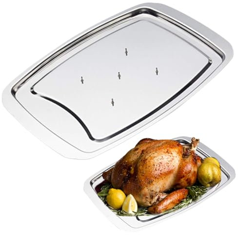 1pc Stainless Steel Carving Tray Spiked Meat Dish with Spiked Caps Polished Non-Slip Serving Tray Turkey Pan for Slicing, Cutting, Chopping.