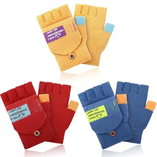 Evervibe 3 Pairs Kids Fingerless Gloves Winter Mittens Convertible Flip Top Warm Gloves for 7-12 Toddler(Classic,Light Color)