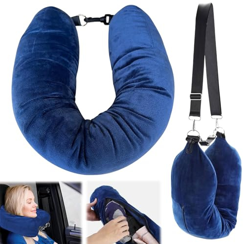 Stuffable Neck Pillow for Travel,Travel Neck Pillow Storage Bag,Multifunctional Stuffable Travel Pillow with Adjustable Straps,Soft Neck Pillow,Fillable for Extra Luggage,Travel Essentials(Blue)