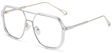 LJCZKA Lunette Anti Lumiere Bleue Carrée Femme Homme, Monture 70s Pilote Lunettes à Filtre de Lumière Bleue Anti Fatigue pour Ordinateur, Jeux et TV (Argent)