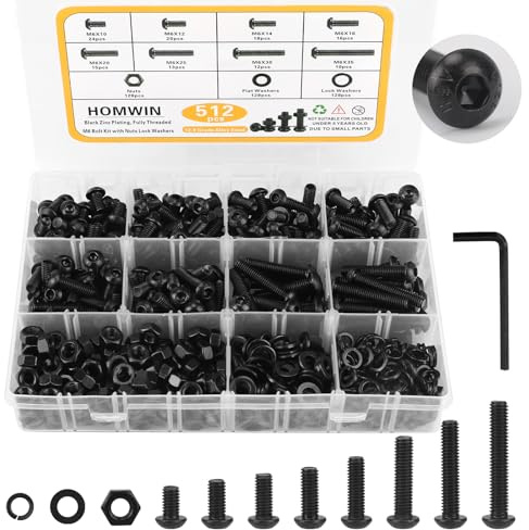 Homwin 512Pcs M6 Bolts and Nuts Kit, M6x10/12/14/16/20/25/30/35mm Button Head Hex Socket Cap Screws 12.9 Grade Alloy Steel Bolt Nut Washer Assortment Black Galvanized