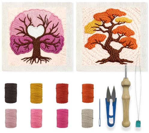 INFUNLY Juego de 2 juegos de agujas abstractas de árbol de la vida rosa, kit de bordado de aguja de perforación para principiantes, kit de gancho de alfombra de punto de cruz con instrucciones para