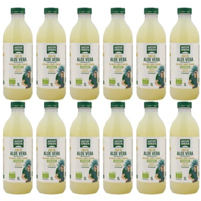 NaturGreen - Jugo de Aloe Vera Bio con Agave, Jengibre y Limón, 12 unidades x 1 Litro, No Pasteurizado, con Fibra de Hoja Fresca, Digestivo, Natural y Ecológico, Bajo en Azúcar
