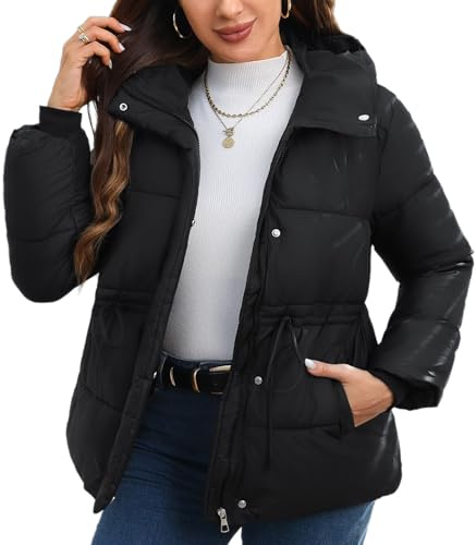 Maeau - Doudoune Courte Femme Capuche Ceinture Cordon Duvet Coton Chaude Manteaux Coupe-Vent Veste Hiver M Noir