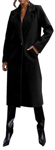 Ladies Wool Coats Elegant Notched Lapel Collar Wool Blend Pea Coat Single-Breasted Longline Trench Coats Long Winter Smart Overcoats With Pockets,Black,L