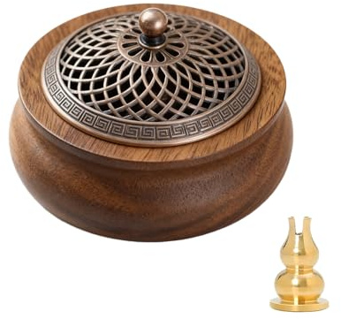 Walnut Incense Holder Tray with Striped Antique Bronze Lid - Chinese Style Backflow Incense Burner for Stick, Coil, Cone - Includes Fireproof Cotton & Incense Holder, Home Decor Gift