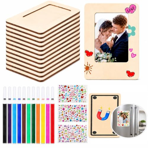 Set of 12 Unfinished Wooden Picture Frames (9.5*6.5cm), Curved Magnetic Photo Frames with 12 Watercolor Pencils & 3 Packs Stickers, DIY Fridge Decor, Ideal for Holiday, Anniversary & Craft Lover Gifts