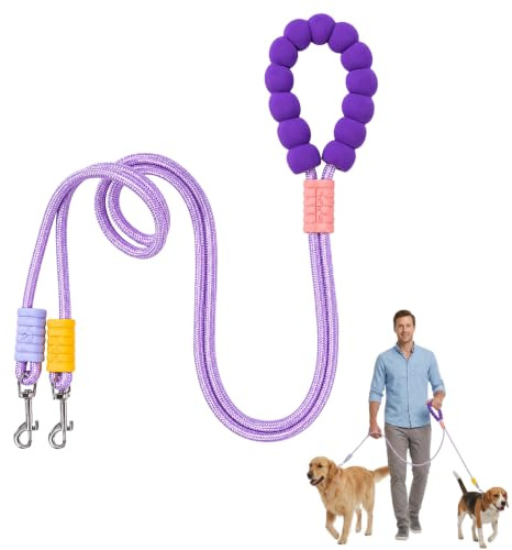 Double Dog Lead for Walking 2 Dogs No Tangle, Double Ended Lead for Dogs, Purple Dog Leash Splitter for Daily Outdoor Walks